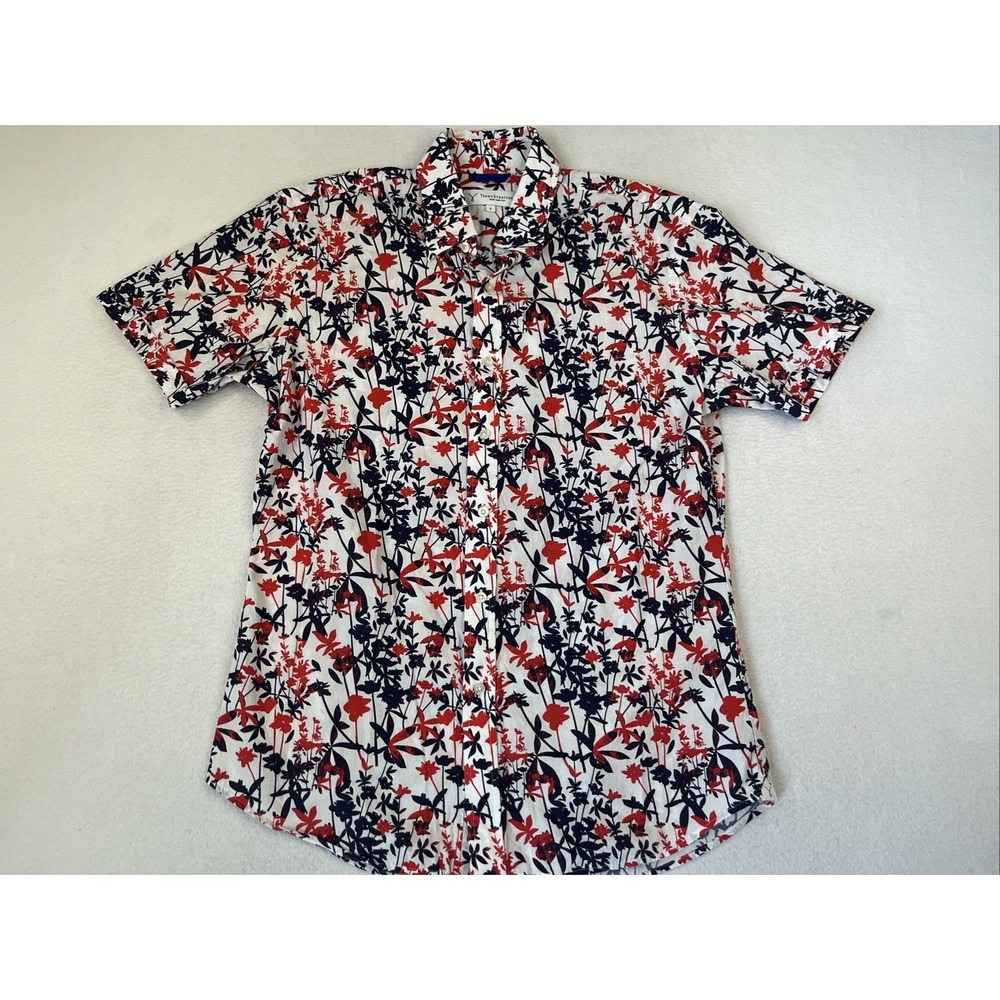Teddy Stratford Mens Floral Zip Up Button Front Shirt Navy Red White Size 2 S